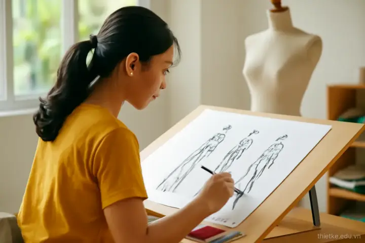 Vẽ phác thảo thời trang: minh hoạ 9 đầu và bản vẽ kỹ thuật phẳng